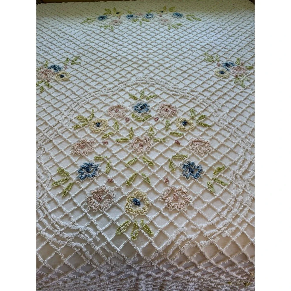 Vintage Chenille Floral‎ Bedspread Coverlet Pink Blue Pastel 116 X 105 King?